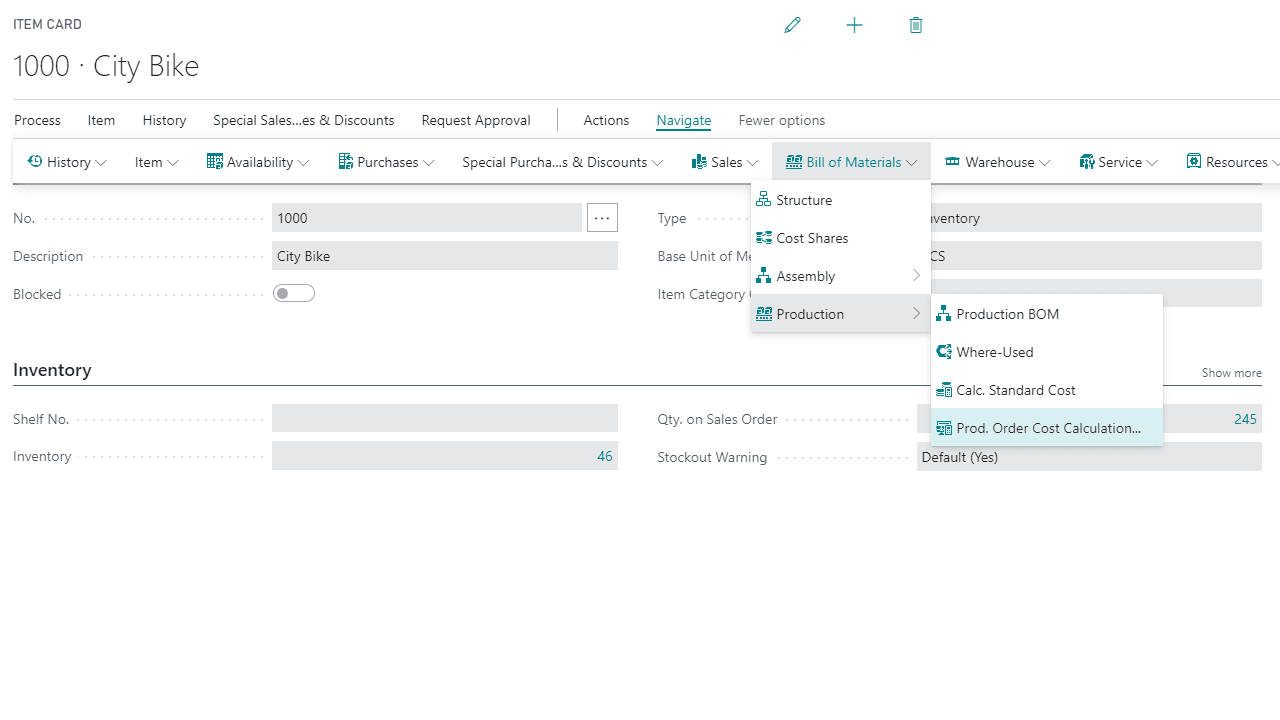 Production Order Cost Calculation in Dynamics 365 Business Central