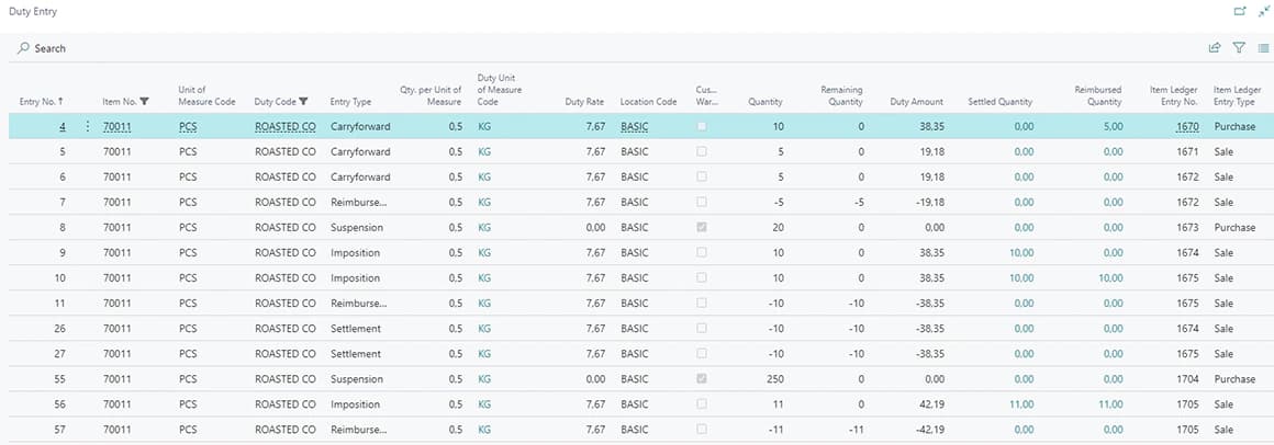 Duty Entries in Dynamics 365 Business Central