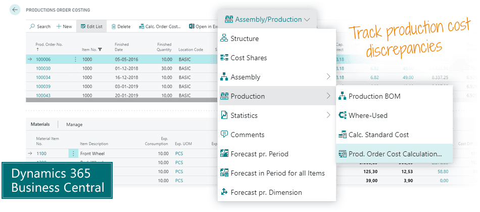 Production Order Cost Calculation for Microsoft Dynamics 365 Business Central
