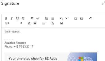 Edición en HTML de plantillas de firma de correo electrónico en Dynamics 365 Business Central