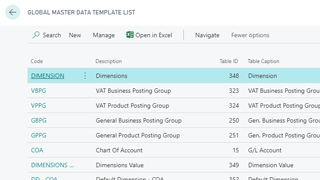 Template list for master data exchange in Dynamics 365 Business Central