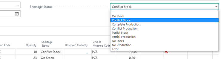Shortage status codes in Dynamics 365 Business Central
