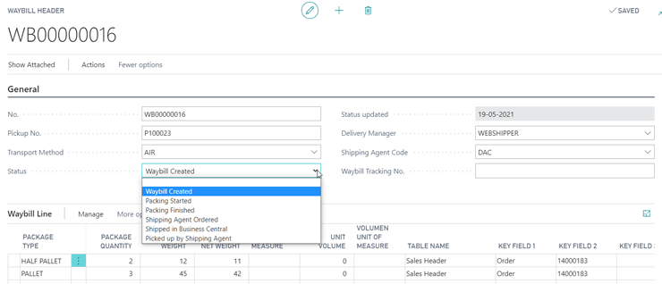 The Waybill Header in Dynamics 365 Business Central