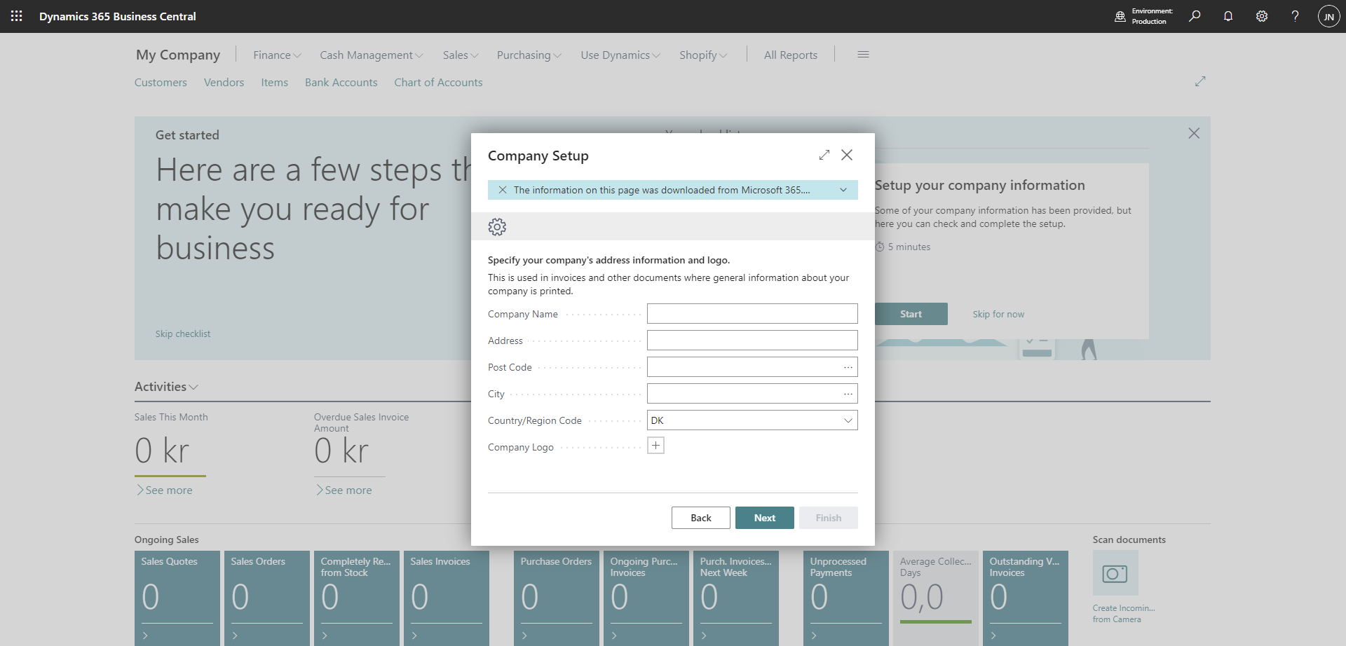 Initial setup of Business Central